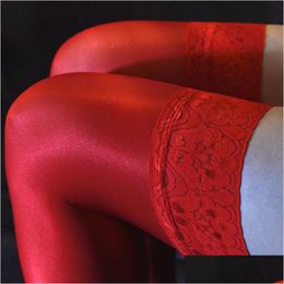 Leg Shaper 70D Womens Stay Up Oil Shine Thigh-High Sha Stockings Glitter Lustre Legs Anti-Slip Sile Exquisite Lace Top Stocking Drop Dhzkd