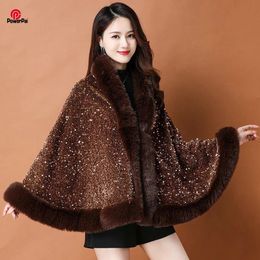 Scarves Fashion Shiny Paillette Faux Rex Rabbit Fur Cape Coat Winter Thicken Lining Warm Party Dress Cloak Shawl Women Wraps 231204