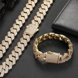 19mm Wide Iced Out Chains Bling CZ Stone Gold Plated Miami Cuban Link Chain Necklace Bracelet Men's Hip hop Necklaces Jewelry2556