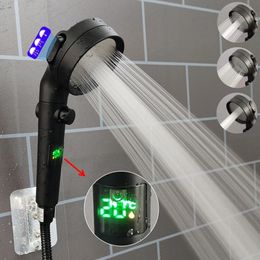 Bathroom Shower Heads Temperature Digital Display Pressurised Showerhead Black 3 Modes High Pressure Water Saving Rainfall Philtre Head 231205