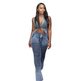 Designer Knitted Two Piece Sets Women Tracksuits Sexy Halter Crop Top and Flare Pants Knitting Outfits Casual Sweatsuits Bulk Wholesale Clothes 10393