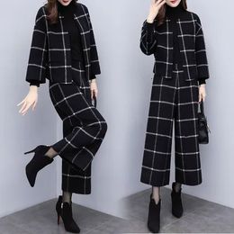 Women's Two Piece Pants Winter Thick Wool Tweed Blazers Suit Casual Short Blazer Jacket Wide Leg Set Office Ladies Outfits 231204