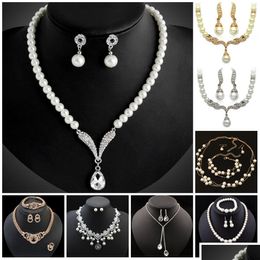 Earrings Necklace Bridesmaid Jewellery Set For Wedding Crystal Rhinestone Tear Drop-Shaped Fashion Pearl Pendants Earring Party Drop Dh1Br