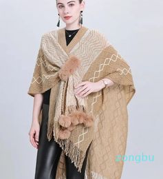 Scarves Colour Autumn Criss Cross Cloak Knitted Multipurpose Poncho Cappa Women Loose Fur Ball Streetwear Striped Pompon Shawl Knitwear