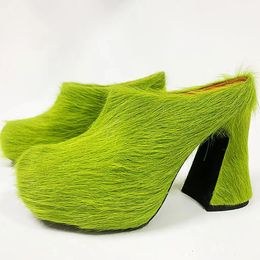 Sandals Luxury Design Fur Horsehair Women High Heels 2023 Fashion Platform Pumps Leather Slip on Casual Men Slippers 231205
