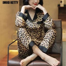 Women's Sleepwear Leopard Print Pyjamas Set Spring Loungewear Home Suit Women Two Pieces Pjs Satin Silk Pyjamas Long Sleeve Pant