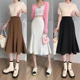 Skirts Women Korean Elegant College Style Midi Skirt Ladies Side Slit A-line Spring Autumn Fashion High Waist Fishtail