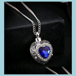 Pendant Necklaces Blue Gem Urn Locket Heart Pendant Necklace Crystal Ocean Love Hearts Ashes Cremation Jewellery Drop Delivery Jewellery N Dhnvp