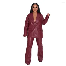 Women's Two Piece Pants LFRVZ 2023 Autumn Leather High-end Solid Young Casual Suit Set Full Sleeve Cloth Long Wide Leg Women 2