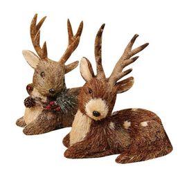 Christmas Decorations Handmade Straw Grass Elk Ornament Pastoral Rustic Woven Christmas Sitting Sika Deer for Doll Animal Figurines Xmas ForestL231117