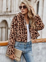 Women's Fur Women Hooded Jackets 2023 Winter Zipper Leopard Printed Coat High Street Ladies Outerwear Vintage Warm Fluffy