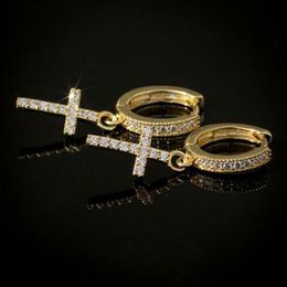 Trendy Men Women Earrings Gold Plated Micro Paved CZ Cross Bling Earrings Hoops Punk Rock Hip Hop Jewelry215W