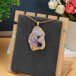 Pendant Necklaces Natural Agate Quartz Geode Slice Crystal Amethyst Inlaid Gold Plated Edge Irregular Hollow Necklace For Women Jewellery