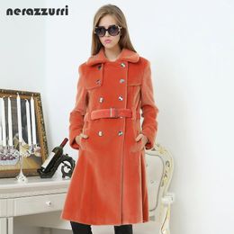 Women's Fur Faux Fur Nerazzurri Spring Long Trench Coat for Women Fashion Autumn Double Breasted Casual Slim British Style Orange Faux Fur Overcoat 231204