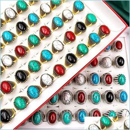 Band Rings Fashionable 30 Pcs/Set Gem Pinestone Turquoise Band Rings Retro Bohemia Style Charm Mix Metal Big Size Men And Women Beauti Dhdwb