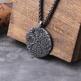 Pendant Necklaces Stainless Steel "Helm Of Awe" And "Viking Vegvisir" Iron Color Viking Rune Necklace With Wooden Box As Men Gift