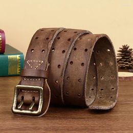 Belts 3.8cm Vintage Genuine Leather Belt For Men Top Grain Cowhide Double-prong Solid Brass Buckle Men's Wild Style 4.5mm Thick