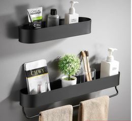 Bathroom Shelves Black Shelf No Drill 304050 cm Wall Shower Basket Storage Rack Towel Bar Accessories 231204