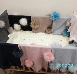 Geebro Newborn Warm Wool Swaddling Blanket With Real Raccoon Fur Pompom Kids Baby Travel Sleeping Blanket Bedding