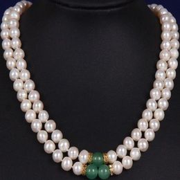 2 ROW 8-9MM SOUTH SEA WHITE GREEN JADE MOTHER PEARL NECKLACE YELLOW CLASP258i