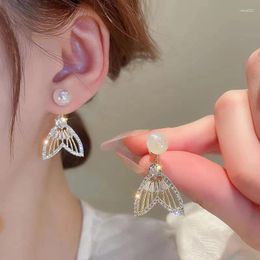 Stud Earrings Korean Luxury Zircon Fishtail For Women Shiny Crystal Imitation Pearl Bowknot Earring Party Sweet Jewelry Gift