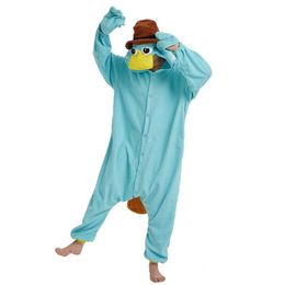 Blue Fleece Unisex Perry the Platypus Costume Onesies Monster Cosplay Pyjamas Adult Pyjamas Animal Sleepwear Jumpsuit201f