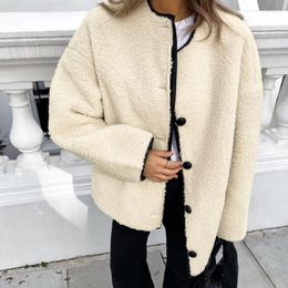 Women's Jackets Beige Lamb Wool Warm Coats For Women 2023 Autumn Winter O-neck Single Breasted Outerwears Streetwear Office Lady