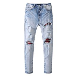 Designer Amirsssummer neue High Street Slim Straight Tube Patch Tuch Loch elastische Jeans Männer