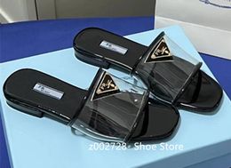 Women brand shoes high-quality anti slip metal triangle logo transparent glass film exposed toe patent leather flat shoes Milan designer shoes outdoor beach sandals