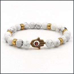 Charm Bracelets Bead Stone Bracelet 8Mm White Beads Lion Owl Buddha Head Stretch Elastic Men Drop Delivery Jewellery Dhzyt
