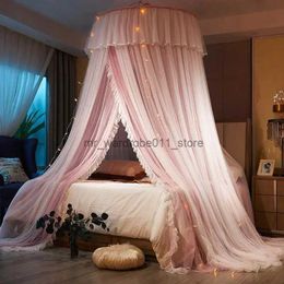 Crib Netting Princess Hung Dome Mosquito Net with String Light King Queen Szie Double Layer Lace Bed Mantle Insect Reject Bed Canopy Q231205