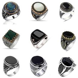 30 Styles Vintage Handmade Turkish Signet Ring for Men Women Ancient Silver Colour Black Onyx Stone Punk Rings Religious Jewelry253l