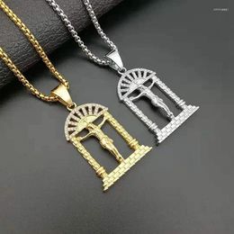 Pendant Necklaces Hip Hop Gold Silver Colour Stainless Steel INRI Crucifix Jesus Heaven Gate Necklace For Men Rapper Jewellery Drop