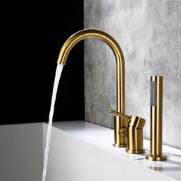 3 Holes Deck Mount Bathtub Faucets 100% Brass Pull Out Shower Faucet Bath Tub H & Cold Mixer Water Tap224f