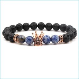 Beaded Lava Crown Bracelets Beads Matte Black Stone Inlay Zircon Women Men Jewellery Bracelet Drop Delivery Jewellery Bracelets Dhstf