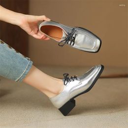 Dress Shoes Spring Autumn Split Leather Lace Women Loafers Square Toe Chunky Heel Comfort Pumps For Silvery