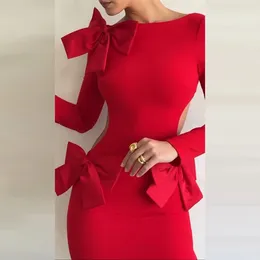 Casual Dresses Red Bow O-Neck Slim Club Party Women's Elegant Hollow Out Split Maxi Dress Fashion Office Long Sleeve Tight A-line