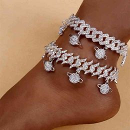 Fashion Planet Anklets Bracelet For Women Men Jewlery Rhinestone Miami Ankle Thorn Cuban Link Chain Anklet Iced Out Punk Hip Hop211N