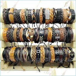 Bangle Handmade Retro Leather Bangle Lots 50Pcs/Lot Charm Cuff Bracelets Mix Styles Metal Good Gift Made Of Pure Cow Fit Mens Womens J Dh2Cm