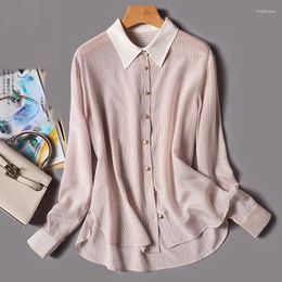 Women's Blouses Commute Elegant Female Striped Single-breasted Blouse Spring Autumn Casual Fashion Long Sleeve Turn-down Collar Chiffon