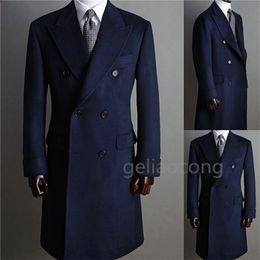 Men's Suits Blazers Navy Men Suits Thick Wool Long Coat Double Breasted Tuxedos Men Jacket Peaked Lapel Fashion Blazer Business Formal Long Coat 231205