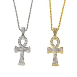 Egyptian Ankh Key of Life Gold Silver Cross Pendant Necklace Chain Bling Full Rhinestone Crystal Cross Pendant Punk Jewelry244Q