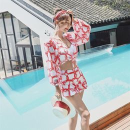 Spring Three Piece Swimsuit Women Conservative Split Skirt Sexy Small Chest Gather Thin Bikini Swim Wear219Q