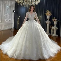 Fashion Style Sparkly Sequined Wedding Dress V-neck Long Sleeves Beaded Backless Beads Appliqued Lace Women Bridal Gowns New Vestido De Novia