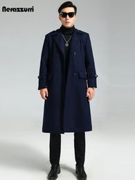 Men's Wool Blends Nerazzurri Autumn Winter Long Elegant Luxury Chic Navy Blue Warm Woolen Coat for Men Double Breasted blends Overcoat 2023 231205