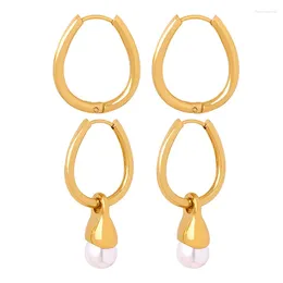 Hoop Earrings ALLME Dainty Faux Pearl For Women Girl 18K Gold Silver PVD Plated Stainless Steel U Shaped Long Pendant Earring