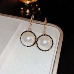 France Style Hook Desgin Round Pearl Earrings for Women Temperament Dangle Earring