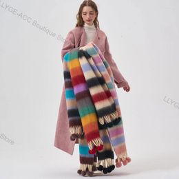 Scarves Rainbow Knitted Plaid Scarf Women Luxury Warm Cashmere Scarves Autumn Winter Thickened Soft Pashmina Striped Shawl Accessory 231205