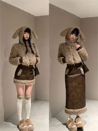 Work Dresses Korean Two Pieces Set Kawaii Cute Ears Fluffy Butterfly Coat Patchwork Streetwear Vintage Y2k Aesthetic All Match Slim Skirts