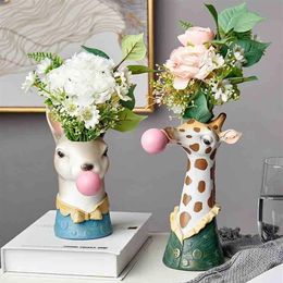 Resin Cartoon Animal Head Vase Flower Pot Bubble Gum Zebra Giraffe Panda Deer Bunny Bear Animal Creative Crafts Decoration 210409334i